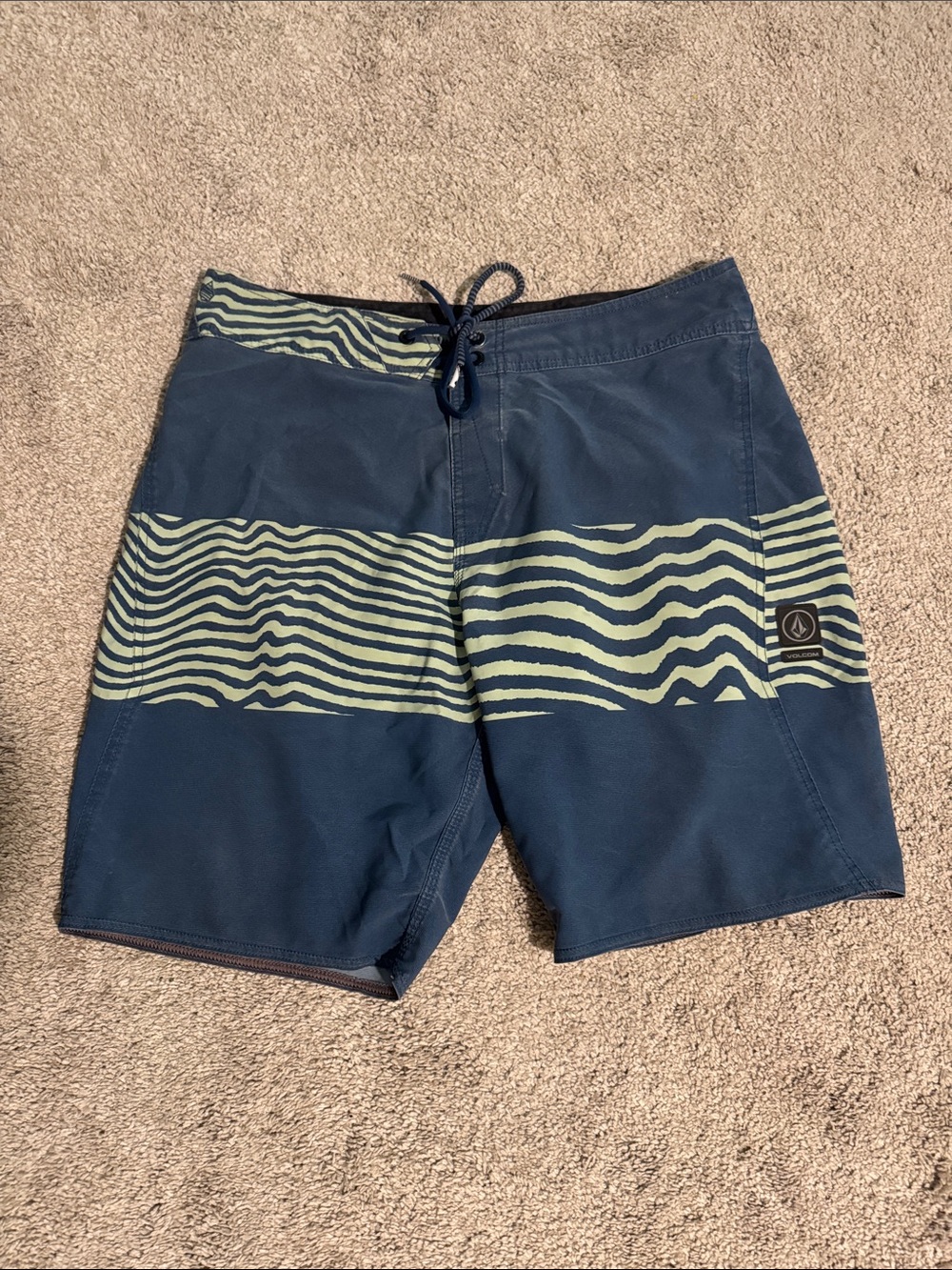 Volcom Navy and Light Green Wave-Stripe Board Shorts
